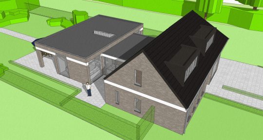 Gezinswoning met ongebruikelijke indeling, Nederweert - 3D impressie vogelvlucht - BEELEN CS architecten Eindhoven