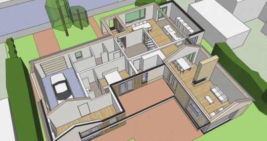 Transformatie tot passiefwoning - 3D impressie opengewerkte plattegrond - BEELEN CS architecten Eindhoven