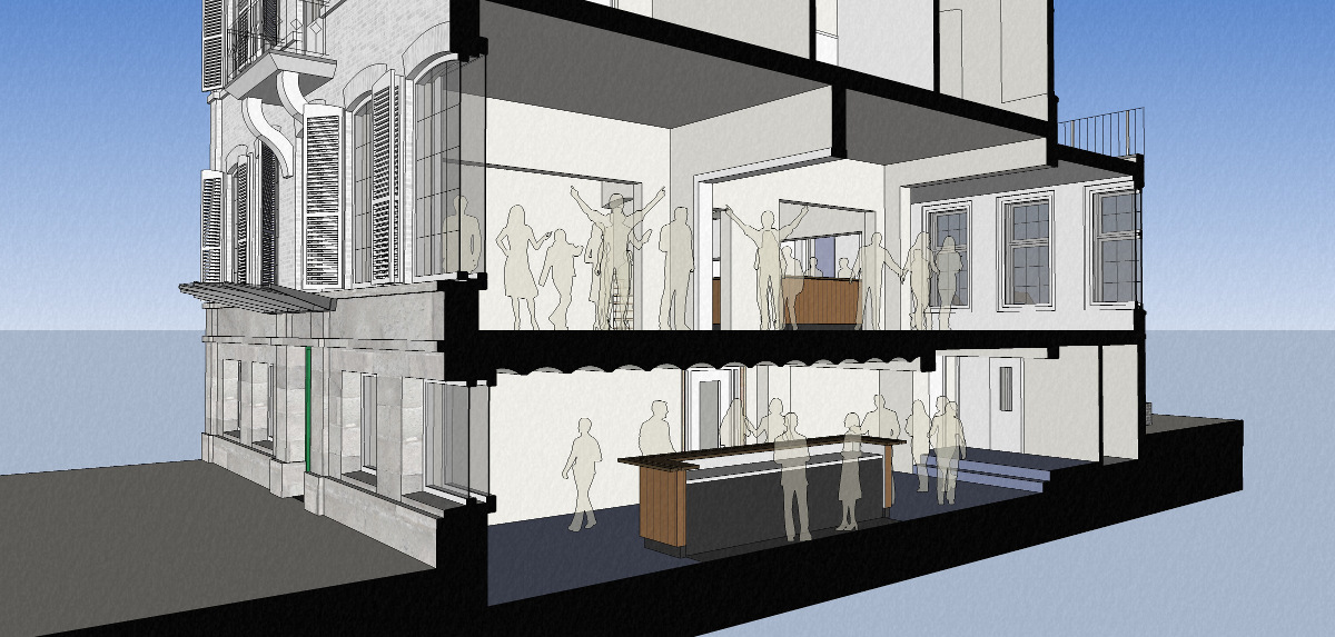 BEELEN CS architecten Eindhoven Herbestemming monumentaal kantoorpand naar Studentensociëteit De Keizer visualisatie