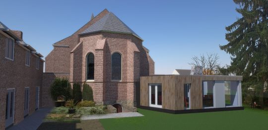 Herbestemming Bernadettekerk Landgraaf impressie tuinzijde - BEELEN CS architecten Eindhoven