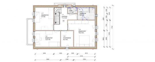 Plattegrond indeling verdieping - Nieuwbouw woonhuis Mr Rijkenstraat Veldhoven - BEELEN CS architecten Eindhoven