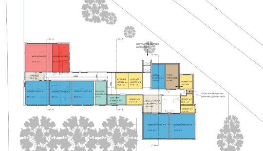 Studie inpassing woongroep in schoolgebouw - plattegrond nieuwe indeling - BEELEN CS architecten Eindhoven