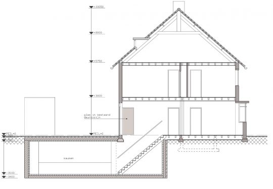 Doorsnede AA - Onderkeldering woonhuis Witte Dorp, Eindhoven - BEELEN CS architecten Eindhoven