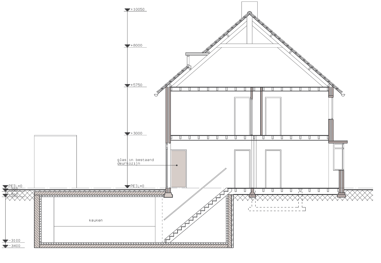 Doorsnede AA - Onderkeldering woonhuis Witte Dorp, Eindhoven - BEELEN CS architecten Eindhoven