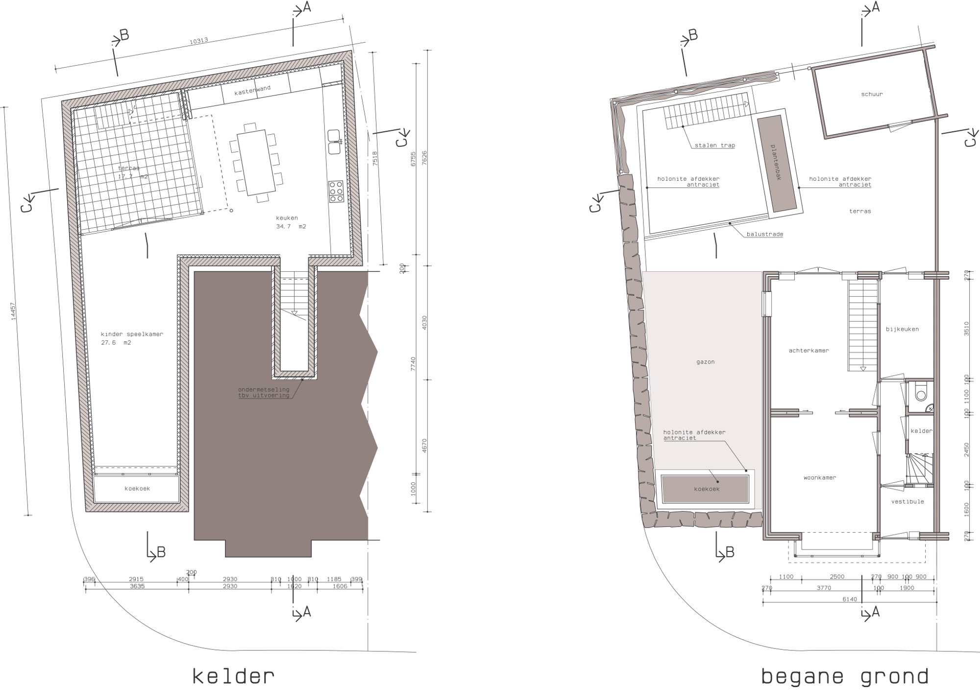 Plattegronden - Onderkeldering woonhuis Witte Dorp, Eindhoven - BEELEN CS architecten Eindhoven