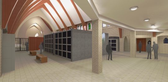 Herbestemming Theresiakerk te Landgraaf, interieur entree tomberuimte, BEELEN CS architecten bv